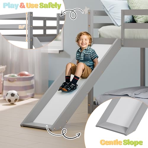 MU Low Bunk Bed with Slide, Twin Over Twin Bunk Bed, Solid Wood Bed Frame with Climbing Ladder & Safety Guard Rail, Floor Loft Bed with Storage Space for Kids Toddler, Grey