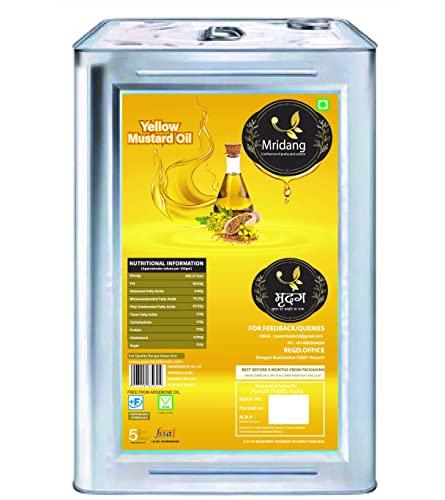 Image of Mridang Premium Cold Pressed Yellow Mustard Oil (Pili Sarson Ka Tel) - 5L Tin | 100% Organic, Heart-Healthy, Weight Management