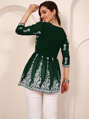 EthnicJunction Georgette Women Chikan Embroidery Short A-Line Kurti | Summer Kurti | Short Kurti for Women | Top for Office | Women's Tunics Tops | Kurta Shirt Top | Regular Fit Top