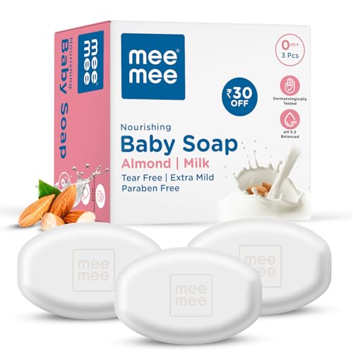 Mee Mee Gentle Baby Soap 75g (Pack of 3) | Gentle Bathing Bar Infused with Chamomile, Olive, Almond Oil, and Milk Extracts | Dermatologist Tested for Soft Baby Skin | Tear-Free Formula | Paraben Free