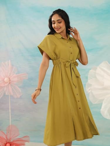 Image of Amazon Brand - INKAST Women Wide Shirt Collared Solid A -line Bottun Down Maxi Dress with Tie Belt | Flared Short Sleeve Summer Outfits | 100% Cotton | Casual Wear | One Piece