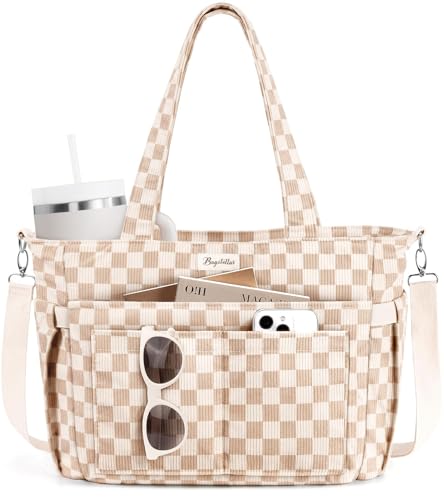 Bagstellar Corduroy Tote Bag for Women, 17 Pockets Laptop Work