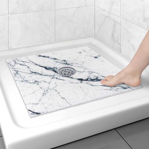 Image of Square Shower Mat Non Slip: 24x24 Inch Shower Floor Mat with Drain Hole in Middle, Super Soft and Comfortable PVC Loofah Massage Bath Mat for Shower, Anti Slip Shower Stall Mat, Quick Drying