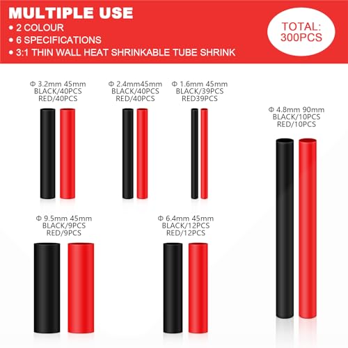 VFANDV Schrumpfschlauch Set, Schrumpfschläuche 3:1 Verhältnis - Schrumpfschlauch Sortiment, Electrical Wire Kabel Wrap Sortiment Elektrische Isolierung Tube Kit mit Box, Rot & Schwarz 300 Stück
