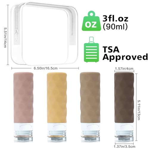 Image of Silevoler Travel Bottles for Toiletries, 4pcs Tsa Approved 3oz Travel Size Containers, BPA Free Leak Proof Premium Silicone Bottles, Refillable Liquid Squeezable Accessories W /Toiletry Bag（Apricot）