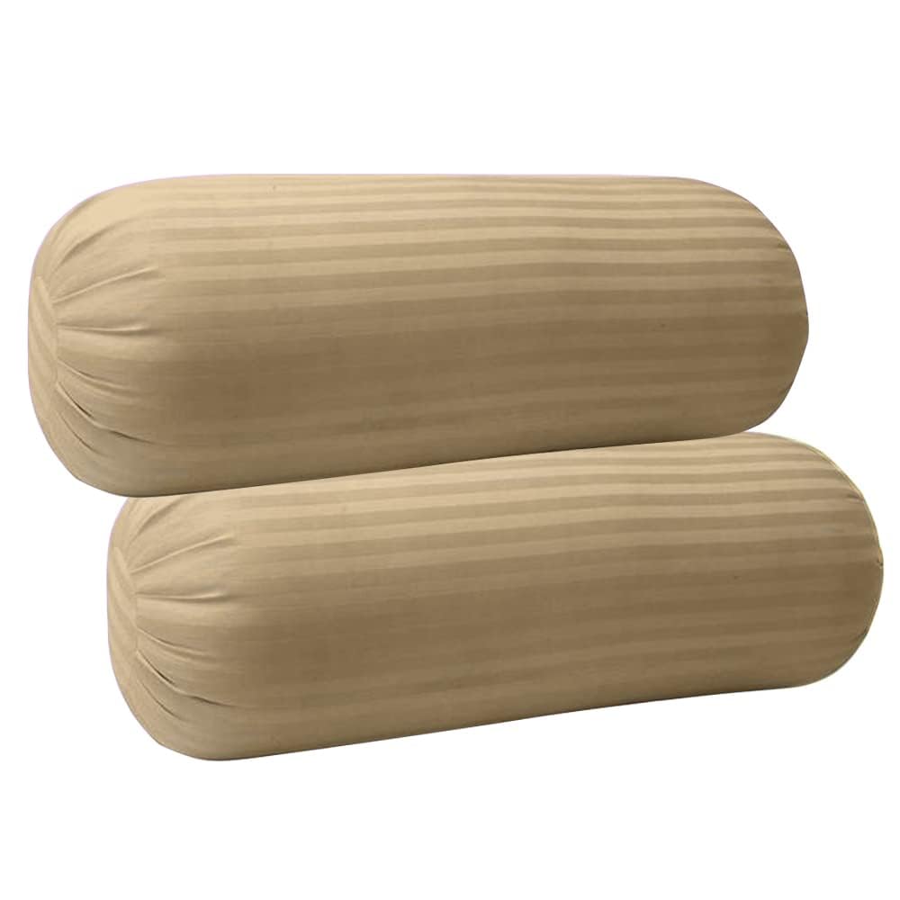 Pure Dreams Microfibre Round Bolster Bed/Sofa/Diwan Pillow Set of 2 PC| Light, Soft & Fluffy for Neck & Back Support | Washable, Breathable- Size 15x30 Inch- Big Round Pillow-Taupe Stripe-image-35