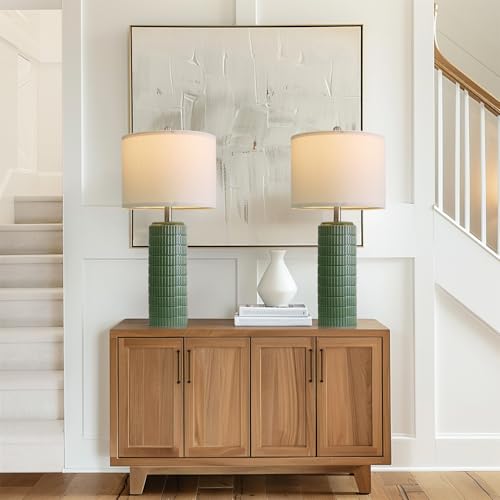 Image of PoKat 27.5 inch Dark Green Ceramic Table Lamps for Living Room, Farmhouse Table Lamps Set of 2 for Bedroom Night Stands, Modern Bedside Lamps for End Side Table, Vintage Nightstand Decor Lamps Home Office