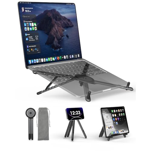 Angju Portable Laptop Stand for Desk & Travel, Magnetic Phone Holder Tripod, Compatible with 10–16" Laptops and 4–13" Phones/Tablets, Compact Foldable Aluminum Alloy, 8-Level Height Adjustment