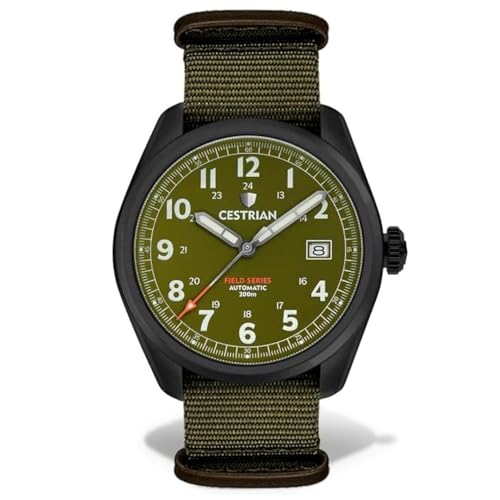 Cestrian Field Series automatisch Herenhorloge Groene Wijzerplaat Zwart PVD Behuizing NATO Riem Militair Stijl Horloge 200m CF321N5660