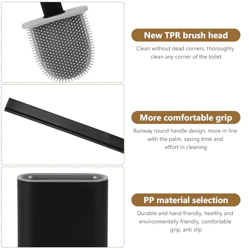 Toilet Bowl Brush and Holder, Deep Cleaner Silicone Flat Toilet Brush with No-Slip Long Plastic Handle, Quick Drying Loo Flexible Anti-Drip Brushs and Holder for Bathroom Cleaning - Image 4