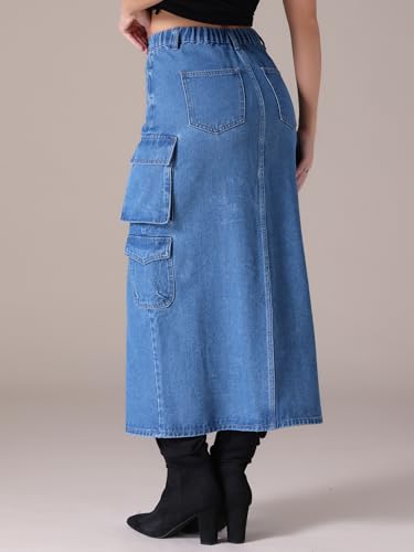 Women's Long Denim Skirt with Slit Elastic Waist Cargo Denim Maxi Skirts4