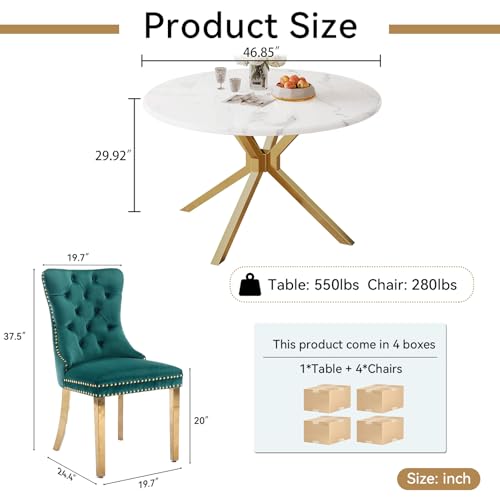 Image of 5-Piece Round Dining Table Set for 4, Luxury Faux Marble Kitchen Table Set for 4 with Green Velvet Chairs, 45 inch Circle Dining Room Tables with White Marble Top and Gold Stainless Steel Cross Legs