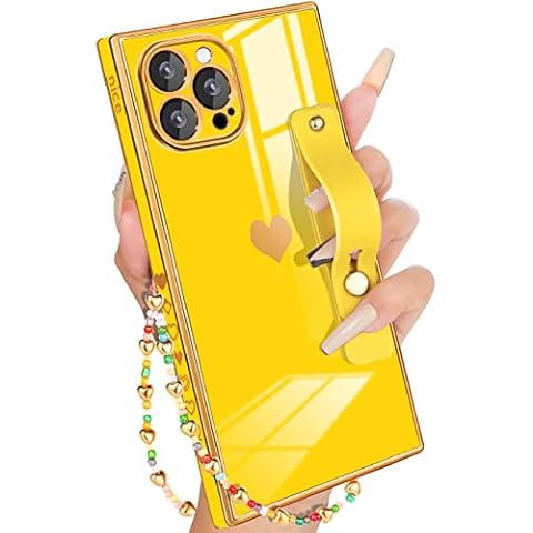 Petitian for iPhone 14 Pro Case with Stand/String, Luxury Cute Women Girls Heart Electroplated Designer Phone Cases for 14 Pro, Neon Yellow Cover