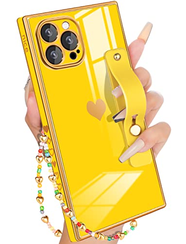Petitian for iPhone 14 Pro Case with Stand/String, Luxury Cute Women Girls Heart Electroplated Designer Phone Cases for 14 Pro, Neon Yellow - image 1