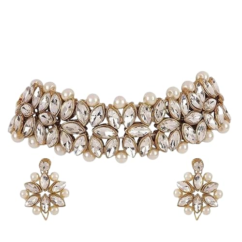 PIPALIYA Antique Kundan Choker Necklace Set for Women | Traditional Bridal Jewellery Set with Earrings | Ethnic Wedding Party Wear Jewelry Gift for Girls & Women