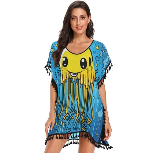 KAAVIYO Cute Cartoon Octopus Women's Beach Cover Up Chiffon Tassel Swimwear Swimsuit Coverups for Girl