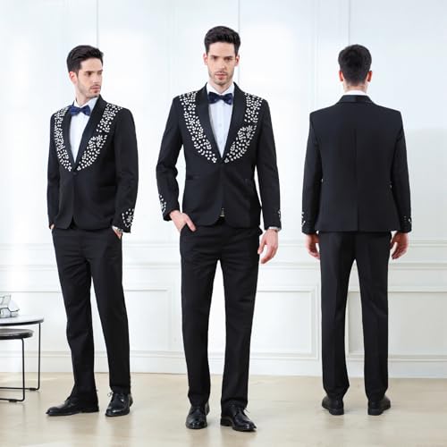 Men's 2 Piece Suit Slim Fit Suits for Men One Button Blazer Wedding Party Jacket Pants Set Beads Tuxedo Set3
