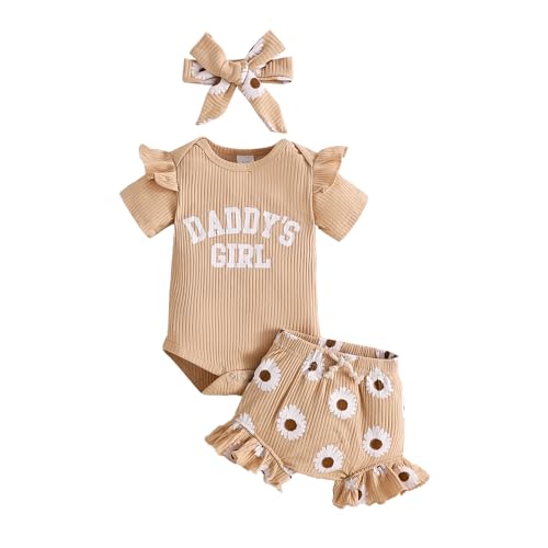 Image of Tsnbre Newborn Baby Girl Clothes Daddys Girl Short Sleeve Romper Floral Shorts Headband Infant Summer Outfits