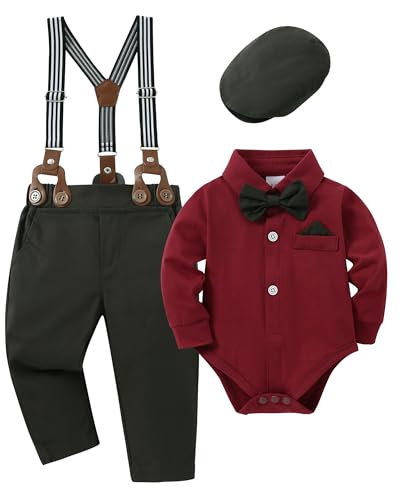 Image of YALLET Baby Boy Clothes Set Infant Tuxedo Long Sleeve Gentleman Suit Outfits + Beret Hat + Suspender Pants + Bowtie 0-18M
