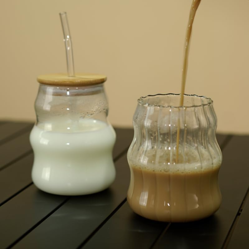 2 Pcs Ribbed Glass Cups, 18 Oz Vintage Drinking Glassware with Wave Shape Design, Bubble Cups for Iced Coffee, Juice, Beverage, Milk, Cocktails, Bubble Tea, and More - Image 6