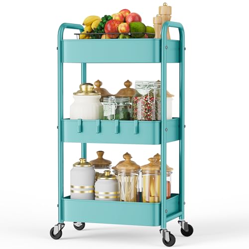 LEHOM 3 Tier Rolling Storage Cart, Metal Trolley Utility Cart with Wheels & Hooks, Easy Assembly Organizer Storage Cart for Bathroom Kitchen Office Bedroom (Blue)