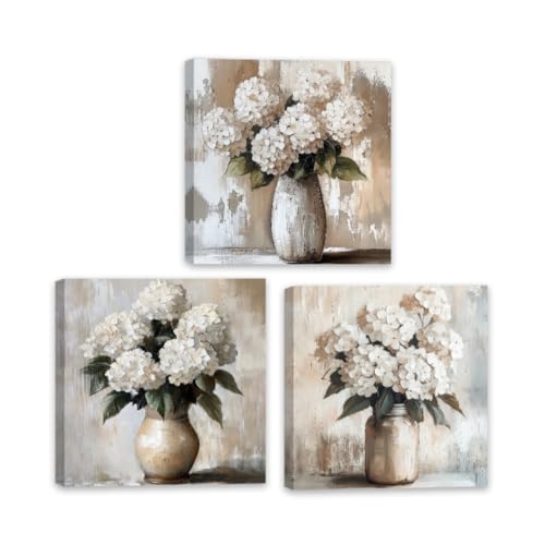 Image of ZQQART Hydrangea Bathroom Wall Art Set 3 White Hydrangea Pictures Wall Decor Farmhouse Flower Canvas Prints Botanical Paintings Framed(Brown,12.00"x12.00"x3Pcs)