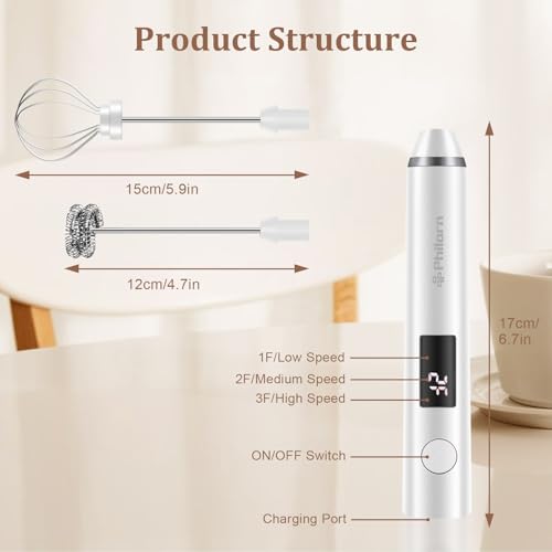Image of Philorn Milk Frother Wand Handheld Rechargeable Electric Whisk Coffee Drink Mixer, Mini Foamer for Lattes, Cappuccino, Frappe, Matcha, Hot Chocolate, Protein Powder, Keto Diet (White 2 Heads)