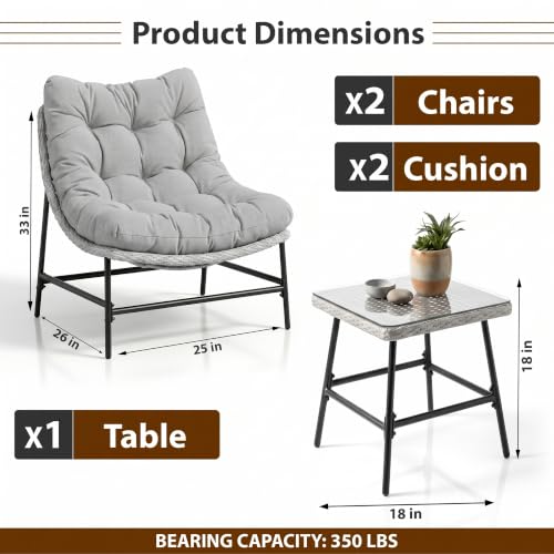 Image of OUTLIVING Fluffo Outdoor Two Seater Braid & Rope Conversation Set | UV & Water Resistant Patio & Garden Furniture Set with 2 Cushioned Chairs & Center Table with Glass Top | Slate Grey
