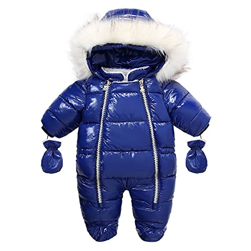 JELEUON Baby Girls Boys One Piece Hooded Two Zipper Fur Trim Winter Warm Down Jacket Jumpsuit Romper Snowsuit With Gloves