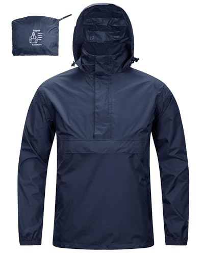 33,000ft Men's Rain Jacket with Hood Lightweight Waterproof Pullover Packable Raincoat Windbreaker Breathable For Outdoor Camping Hiking Riding, Dark Blue M
