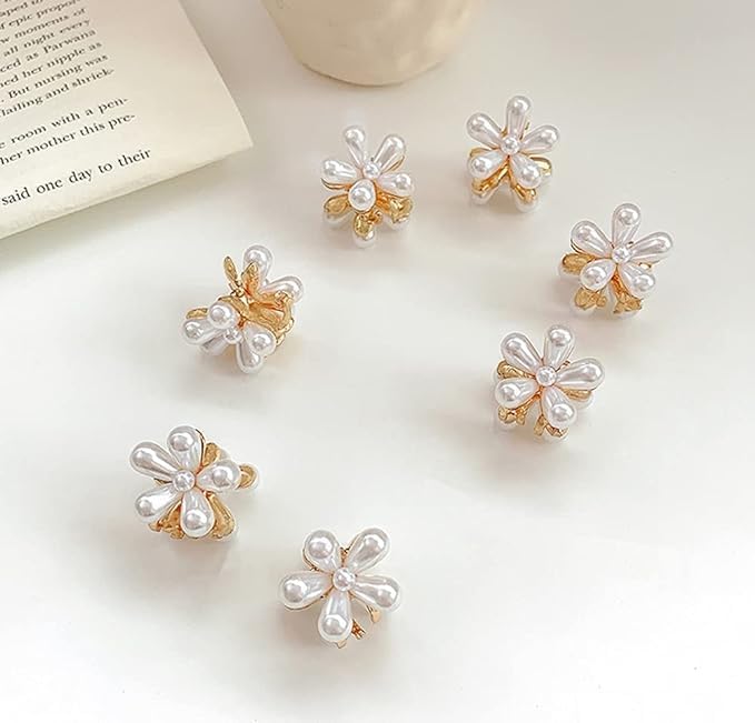 KriVat Korean Style Small Pearl Mini Hair Claw Clips with Flower Design, Sweet Artificial Decorative Hair Accessories for Women's Girls Pack of 10 Pcs 1