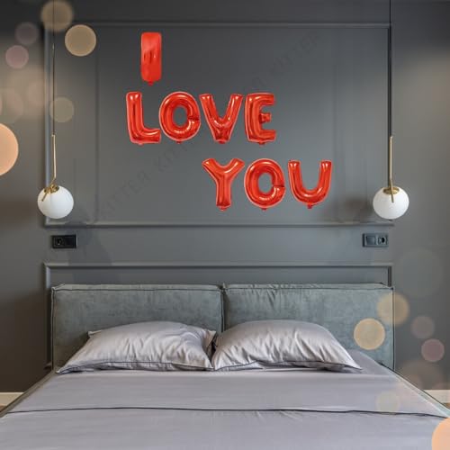 Image of KITTER I Love You Red Foil Balloon Set | ILU Alphabet Letter Balloons for Valentine's Day, Romantic Proposal, Wedding Anniversary, Birthday Party Decoration | Romantic Party Love Balloons for Couples