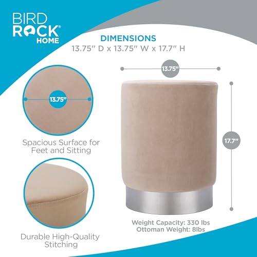 BIRDROCK HOME Round Ottoman Foot Stool – Modern Soft Padded Velvet Vanity Chair with Silver Metal Trim – Accent Chair or Foot Rest for Living Room, Bedroom, or Dressing Room (Taupe) by BIRDROCK HOME - Used condition - Image 2
