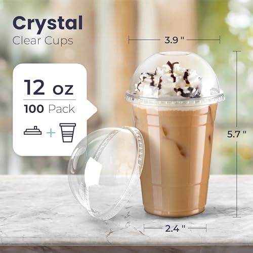 Fit Meal Prep 100 Pack 12 oz Disposable Plastic Coffee Cups with Dome Lids, To Go Iced Coffee Cups with Lids, BPA Free Clear Parfait Cups for Party, Smoothie, Bubble Boba, Juice, Milkshake