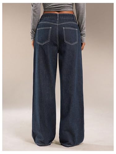 OYOANGLE Women's Striped Wide Leg Jeans Casual Denim Baggy Low-Rise Pants with Pocket2