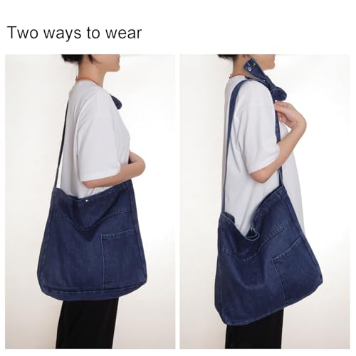 Image of Denim Shoulder Bag - Women's Retro Large Canvas Crossbody Tote Bag, Casual Style Lightweight