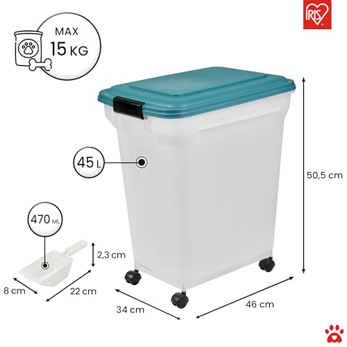 Iris Ohyama Hundefutter Aufbewahrung mit Rollen, 45L/15kg, Blau, Luftdichte Futterbox, Trockenfutter, Futterbehälter, Für Hunde, Katzen, Tierfutterbehälter, Schaufel, BPA-frei, Futtertonne, ATS-L