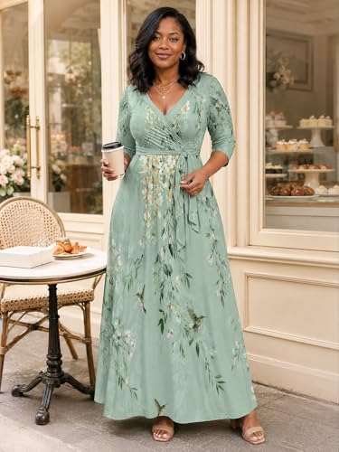 Image of PinkPatty Plus Size Maxi Dress for Women Casual V Neck 3 /4 Sleeve Boho Printed Long Dress with Pockets