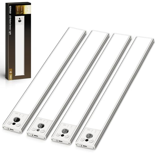 Image of EZVALO 12-inch Under Cabinet Lighting, 3200mAh Rechargeable Motion Sensor Light Indoor, with Dimmable & 3 Color Temps, Magnetic Closet Lights, Wireless Under Counter Lights for Kitchen, Stairs(4-Pack)