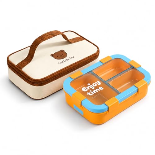 Image of Motka Bento 700 ML Lunch Box 3 Compartments with Insulated Bag | Spoon & Fork Set | Leak Resistant, Food Container for Kids, Adults, School, Office, Travel (Yellow)