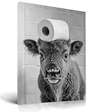 KensTro Funny Bathroom Wall Art Decor,12" x 16" Framed Canvas Bathroom Wall Art Picture,Black and White Highland Cow Toilet Paper Wall Art Animal Abstract Prints,Wall Decor for Kid's Room,1Pack Gift