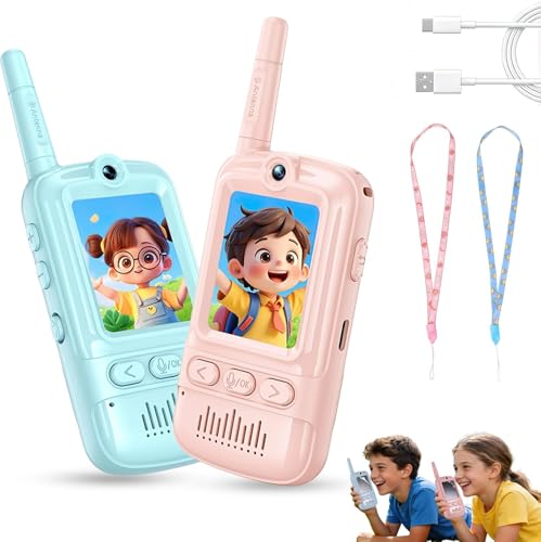 Kids Video Walkie Talkies Toys with Rotating Antenna 2.0-Inch Screen & 500m Range Dual-Camera Video Chat Without Wi-Fi USB-C Rechargeable with Lanyard Interactive Gift (Blue/Pink)