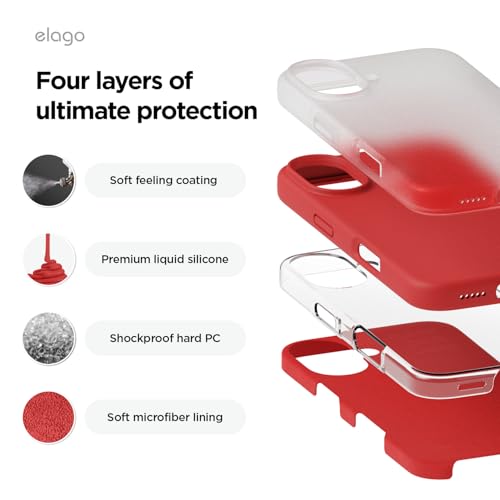 Image of elago Compatible with iPhone 16 Case, Premium Liquid Silicone Case, Full Body Protective Cover, Shockproof, Slim Phone Case, Anti-Scratch Soft Microfiber Lining, 6.1 inch (Red)