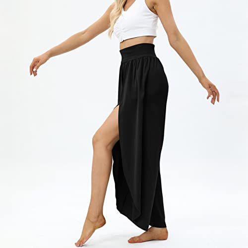 Women Flowy Split Wide Leg Pants High Waisted Yoga Pants Baggy Hippie Pants Soft Pilates Pants Boho Beach Pants Plus Size Palazzo Pants Workout Active Trousers Comfy Lounge Pants A-Black #TOP7