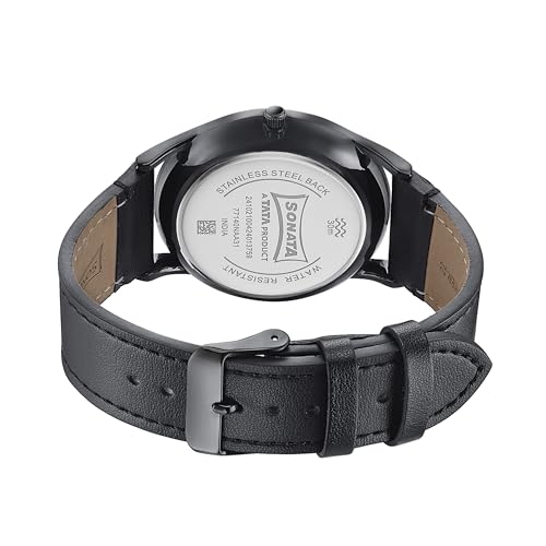 Image of Sonata Quartz Analog Black Dial Black Leather Strap Watch for Men