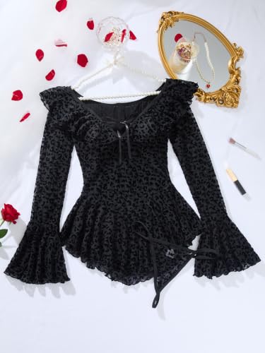 Image of Foxiny Sheer Ruffle Long Sleeve Babydoll Lingerie Dress | Off-shoulder neckline, flared cuffs and a flounce hem add movement; thong and thigh-high stockings complete the 3-piece set