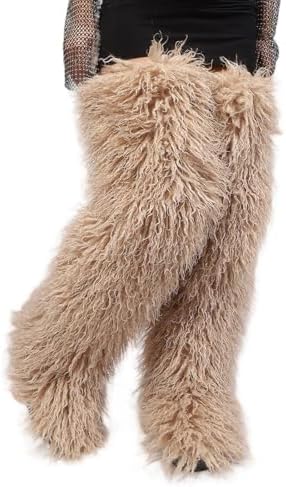 Black Thigh High Fur Boots, Over the Knee Fluffy High Boots, Tall Furry shoes for Women