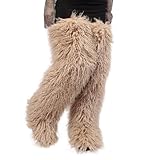 YFJNV Black Thigh High Fur Boots, Over the Knee Fluffy High Boots, Tall Furry shoes for Women (Light Khaki,10)