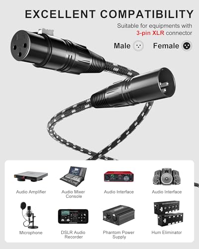 VANDESAIL XLR Kabel 1 Fuß 2er Pack, Kurzes Mikrofonkabel XLR, Geflochtenes Ausgewogenes Mikrofonkabel, Sauerstofffreies Kupfer (OFC) 3 Pin