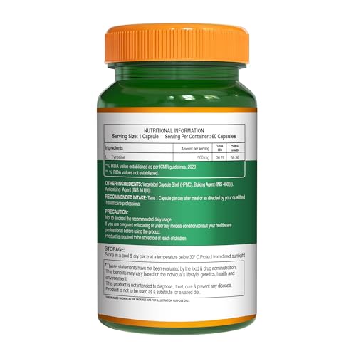 Image of Pure Nutrition L-Tyrosine 500mg | 60 Veg Capsules | Supports Focus, Memory & Cognitive Performance | Helps Reduce Stress & Fatigue | Promotes Healthy Thyroid Function